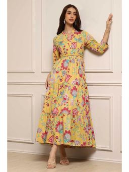 Biba - Women Yellow Cotton Dress with Belt (Set of 2)