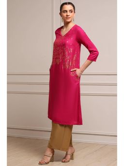 Biba - Women Fuchsia Pink Rayon Floral Printed Kurta