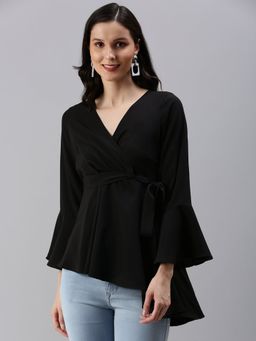SHOWOFF - Women's Solid Peplum Black V-neck Top