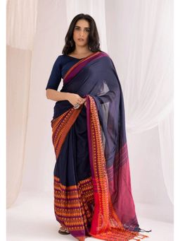 VASTRA RAAG - Navy Blue Begumpuri Handloom Cotton Saree with Unstitched Blouse