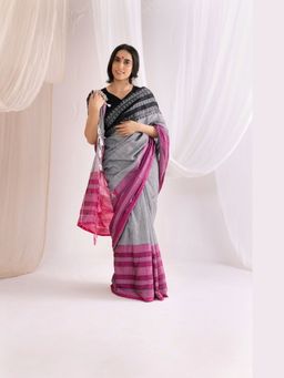 VASTRA RAAG - Grey Begumpuri Handloom Cotton Saree with Unstitched Blouse