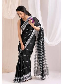 VASTRA RAAG - Black Begumpuri Handloom Cotton Saree with Unstitched Blouse