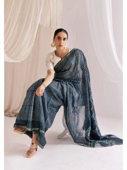 VASTRA RAAG - Indigo Chanderi Silk Ajrakh Hand Block Printed Saree with Unstitched Blouse