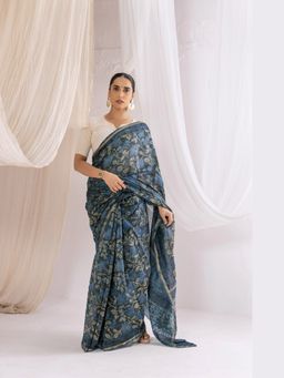 VASTRA RAAG - Indigo Chanderi Silk Ajrakh Hand Block Printed Saree with Unstitched Blouse