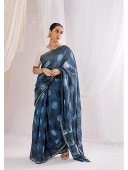 VASTRA RAAG - Indigo Chanderi Silk Ajrakh Hand Block Printed Saree with Unstitched Blouse