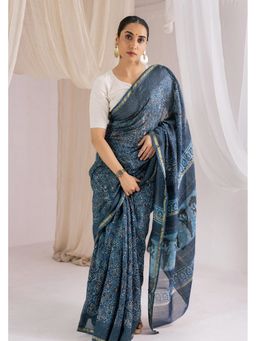 VASTRA RAAG - Indigo Chanderi Silk Ajrakh Hand Block Printed Saree with Unstitched Blouse