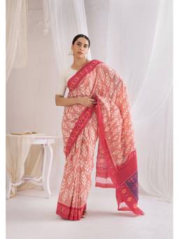 VASTRA RAAG - Pastel Peach Pochampally Double Ikat Handloom Cotton Saree with Unstitched Blouse