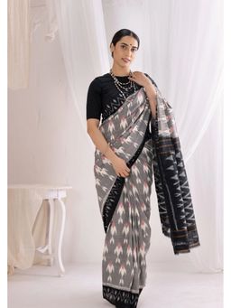 VASTRA RAAG - Grey Pochampally Double Ikat Handloom Cotton Saree with Unstitched Blouse