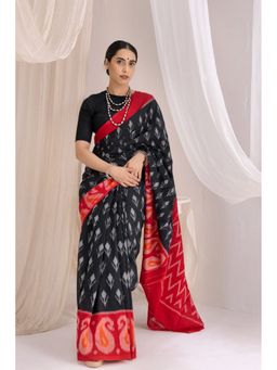 VASTRA RAAG - Black Pochampally Double Ikat Handloom Cotton Saree with Unstitched Blouse