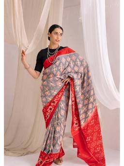 VASTRA RAAG - Grey Pochampally Double Ikat Handloom Cotton Saree with Unstitched Blouse