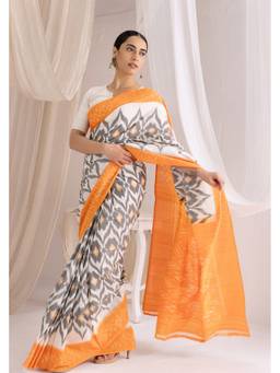 VASTRA RAAG - Yellow Pochampally Double Ikat Handloom Cotton Saree with Unstitched Blouse