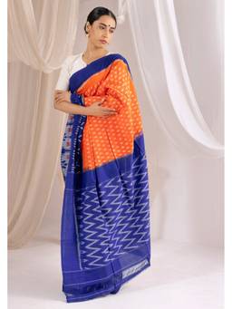 VASTRA RAAG - Orange Pochampally Double Ikat Handloom Cotton Saree with Unstitched Blouse