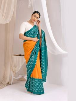 VASTRA RAAG - Teal Pochampally Double Ikat Handloom Cotton Saree with Unstitched Blouse