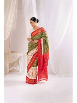 VASTRA RAAG - Moss Green Pochampally Double Ikat Handloom Cotton Saree with Unstitched Blouse