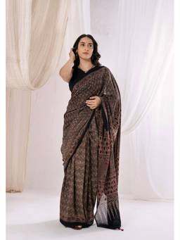 VASTRA RAAG - Brown Ajrakh Hand Block Pure Mul Cotton Saree with Unstitched Blouse