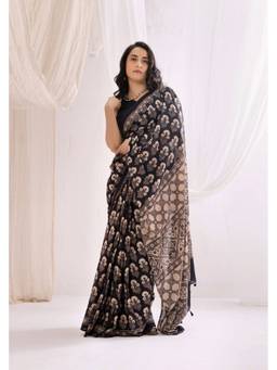 VASTRA RAAG - Black Ajrakh Hand Block Pure Mul Cotton Saree with Unstitched Blouse