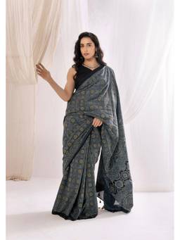 VASTRA RAAG - Indigo Ajrakh Hand Block Pure Mul Cotton Saree with Unstitched Blouse