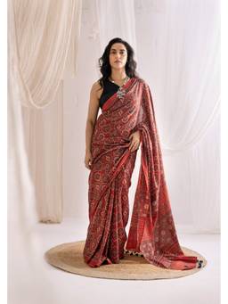 VASTRA RAAG - Red Ajrakh Hand Block Pure Mul Cotton Saree with Unstitched Blouse
