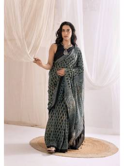 VASTRA RAAG - Indigo Ajrakh Hand Block Pure Mul Cotton Saree with Unstitched Blouse