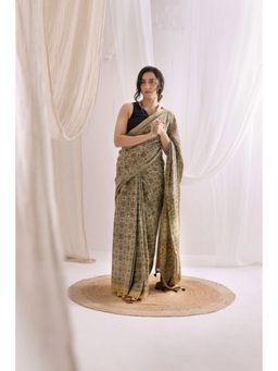 VASTRA RAAG - Light Yellow Ajrakh Hand Block Pure Mul Cotton Saree with Unstitched Blouse
