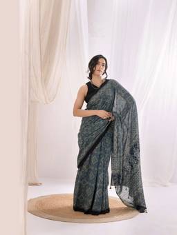 VASTRA RAAG - Indigo Ajrakh Hand Block Pure Mul Cotton Saree with Unstitched Blouse