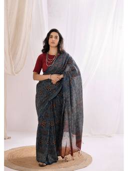VASTRA RAAG - Indigo Ajrakh Hand Block Pure Mul Cotton Saree with Unstitched Blouse