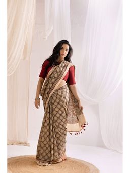 VASTRA RAAG - Beige Ajrakh Hand Block Pure Mul Cotton Saree with Unstitched Blouse