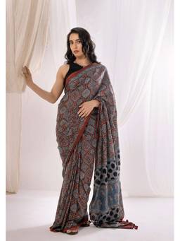 VASTRA RAAG - Indigo Ajrakh Hand Block Pure Mul Cotton Saree with Unstitched Blouse