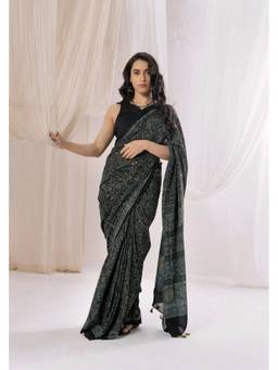 VASTRA RAAG - Indigo Ajrakh Hand Block Pure Mul Cotton Saree with Unstitched Blouse