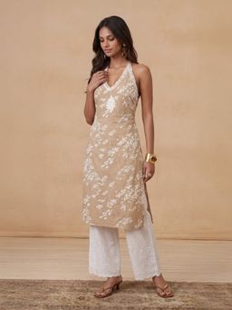 House of Chikankari - Beige Mulmul Chikankari Kurta