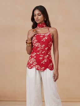House of Chikankari - Red Mulmul Printed Short Printed Kurta with Scarf