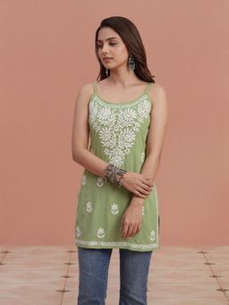 House of Chikankari - Green Rayon Short Printed Kurta