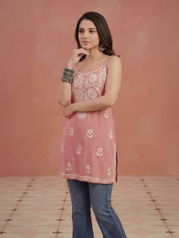 House of Chikankari - Dust Pink Rayon Short Chikankari Kurta
