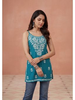 House of Chikankari - Teal Rayon Short Printed Kurta