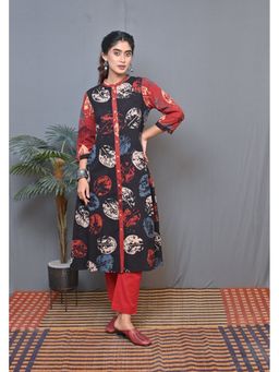 EARTHWEAR - Black Ajrakh Printed Front Open Kurta