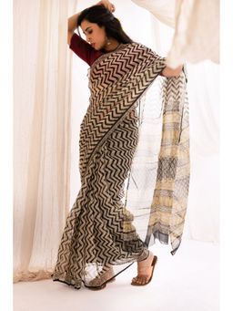 VASTRA RAAG - Black Kota Doria Bagru Hand Block Printed Saree with Unstitched Blouse