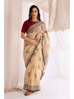 VASTRA RAAG - Cream Kota Doria Bagru Hand Block Printed Saree with Unstitched Blouse