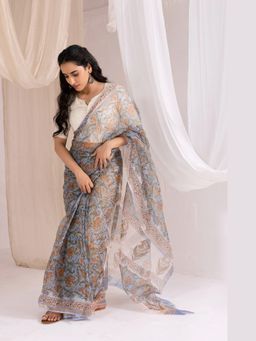 VASTRA RAAG - Sky Blue Kota Doria Bagru Hand Block Printed Saree with Unstitched Blouse
