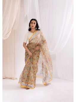 VASTRA RAAG - Yellow Kota Doria Bagru Hand Block Printed Saree with Unstitched Blouse