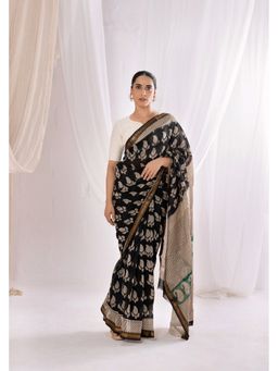VASTRA RAAG - Black Bagru Handblock Printed Maheshwari Silk Saree with Unstitched Blouse