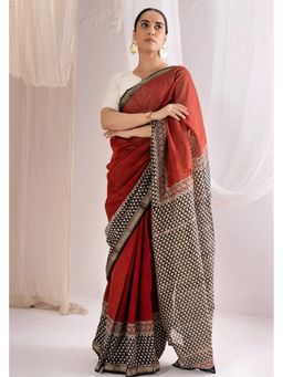 VASTRA RAAG - Maroon Bagru Handblock Printed Maheshwari Silk Saree with Unstitched Blouse