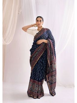 VASTRA RAAG - Indigo Bagru Handblock Printed Maheshwari Silk Saree with Unstitched Blouse