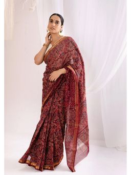 VASTRA RAAG - Maroon Bagru Handblock Printed Maheshwari Silk Saree with Unstitched Blouse