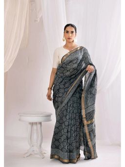 VASTRA RAAG - Grey Bagru Handblock Printed Maheshwari Silk Saree with Unstitched Blouse