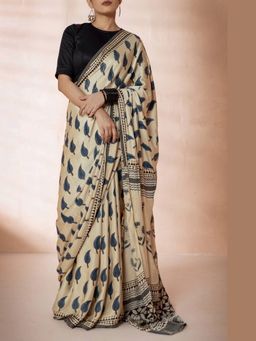 VASTRA RAAG - Beige Modal Silk Bagru Hand Block Printed Saree with Unstitched Blouse
