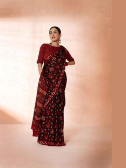 VASTRA RAAG - Maroon Modal Silk Bagru Hand Block Printed Saree with Unstitched Blouse