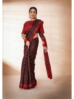 VASTRA RAAG - Black Modal Silk Bagru Hand Block Printed Saree with Unstitched Blouse