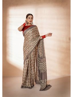 VASTRA RAAG - Beige/Grey Modal Silk Bagru Hand Block Printed Saree with Unstitched Blouse