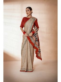 VASTRA RAAG - Beige/Maroon Modal Silk Bagru Hand Block Printed Saree with Unstitched Blouse