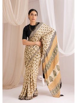 VASTRA RAAG - Beige Modal Silk Bagru Hand Block Printed Saree with Unstitched Blouse